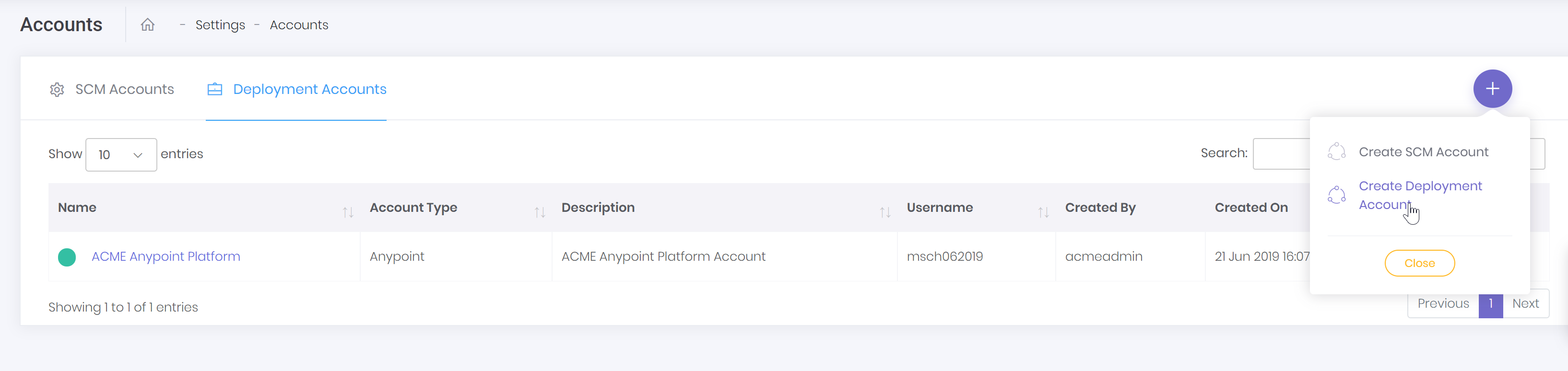 deployment account create button
