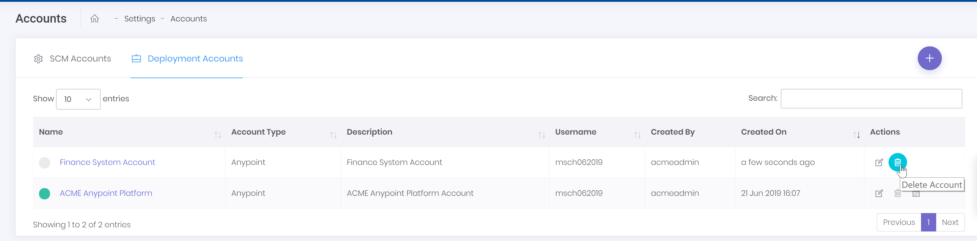deployment account delete button