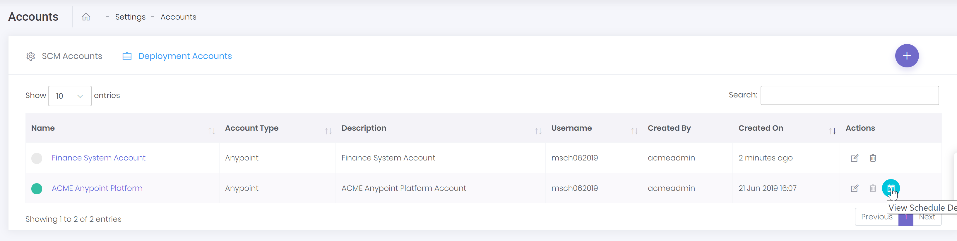deployment account view schedules button