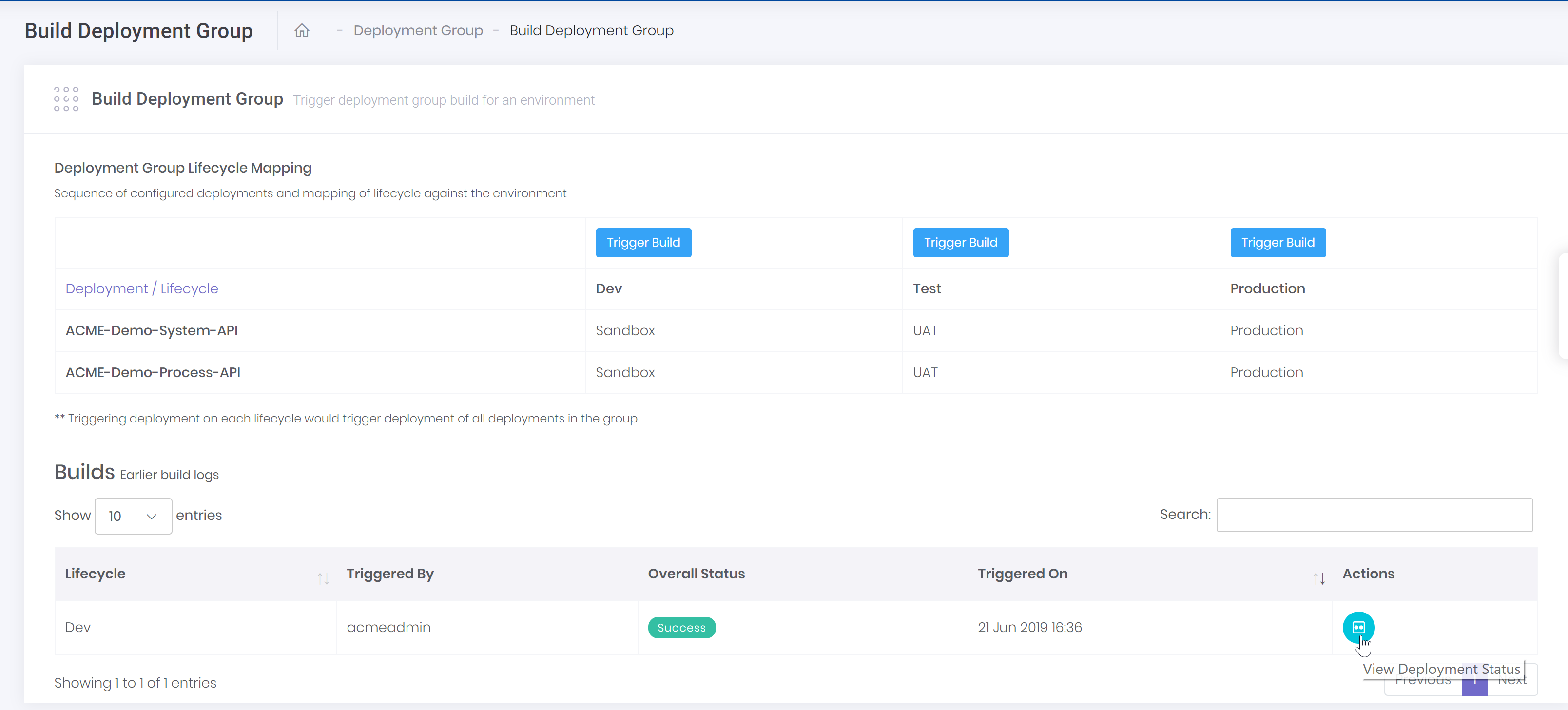 deployment group build status button